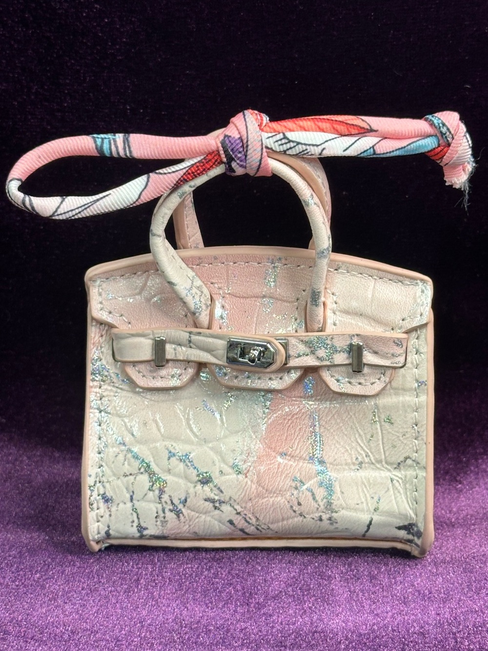iridescent blush mini bag charm, glitter marble